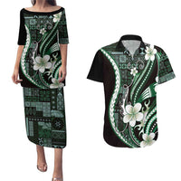 Samoa Siapo Tribal Pattern Couples Matching Puletasi and Hawaiian Shirt Forest Green Polynesian Plumeria Tapa Motif