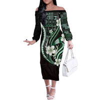 Samoa Siapo Tribal Pattern Family Matching Off The Shoulder Long Sleeve Dress and Hawaiian Shirt Forest Green Polynesian Plumeria Tapa Motif