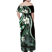 Samoa Siapo Tribal Pattern Family Matching Off Shoulder Maxi Dress and Hawaiian Shirt Forest Green Polynesian Plumeria Tapa Motif