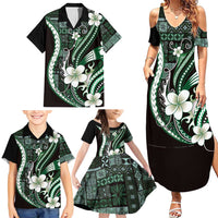 Samoa Siapo Tribal Pattern Family Matching Summer Maxi Dress and Hawaiian Shirt Forest Green Polynesian Plumeria Tapa Motif