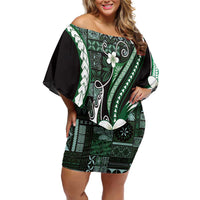 Samoa Siapo Tribal Pattern Off Shoulder Short Dress Forest Green Polynesian Plumeria Tapa Motif