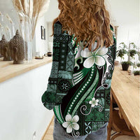 Samoa Siapo Tribal Pattern Women Casual Shirt Forest Green Polynesian Plumeria Tapa Motif