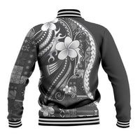 Samoa Siapo Tribal Pattern Baseball Jacket Light Gray Polynesian Plumeria Tapa Motif