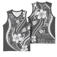 Samoa Siapo Tribal Pattern Basketball Jersey Light Gray Polynesian Plumeria Tapa Motif