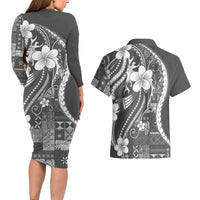 Samoa Siapo Tribal Pattern Couples Matching Long Sleeve Bodycon Dress and Hawaiian Shirt Light Gray Polynesian Plumeria Tapa Motif LT9 - Polynesian Pride