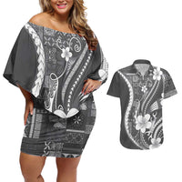 Samoa Siapo Tribal Pattern Couples Matching Off Shoulder Short Dress and Hawaiian Shirt Light Gray Polynesian Plumeria Tapa Motif LT9 Gray - Polynesian Pride