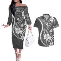 Samoa Siapo Tribal Pattern Couples Matching Off The Shoulder Long Sleeve Dress and Hawaiian Shirt Light Gray Polynesian Plumeria Tapa Motif