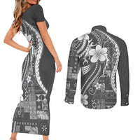 Samoa Siapo Tribal Pattern Couples Matching Short Sleeve Bodycon Dress and Long Sleeve Button Shirt Light Gray Polynesian Plumeria Tapa Motif LT9 - Polynesian Pride