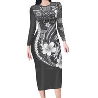 Samoa Siapo Tribal Pattern Family Matching Long Sleeve Bodycon Dress and Hawaiian Shirt Light Gray Polynesian Plumeria Tapa Motif