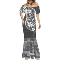 Samoa Siapo Tribal Pattern Mermaid Dress Light Gray Polynesian Plumeria Tapa Motif LT9 - Polynesian Pride