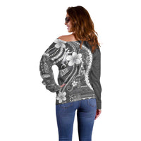 Samoa Siapo Tribal Pattern Off Shoulder Sweater Light Gray Polynesian Plumeria Tapa Motif LT9 - Polynesian Pride