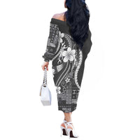 Samoa Siapo Tribal Pattern Off The Shoulder Long Sleeve Dress Light Gray Polynesian Plumeria Tapa Motif LT9 - Polynesian Pride