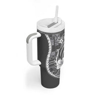 Samoa Siapo Tribal Pattern Tumbler With Handle Light Gray Polynesian Plumeria Tapa Motif