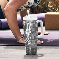 Samoa Siapo Tribal Pattern Tumbler With Handle Light Gray Polynesian Plumeria Tapa Motif