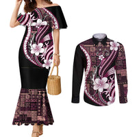 Samoa Siapo Tribal Pattern Couples Matching Mermaid Dress and Long Sleeve Button Shirt Violet Polynesian Plumeria Tapa Motif LT9 Violet - Polynesian Pride