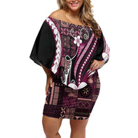 Samoa Siapo Tribal Pattern Family Matching Off Shoulder Short Dress and Hawaiian Shirt Violet Polynesian Plumeria Tapa Motif