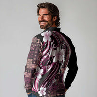 Samoa Siapo Tribal Pattern Long Sleeve Polo Shirt Violet Polynesian Plumeria Tapa Motif