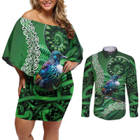 Tui Bird Koru Silver Fern Aotearoa Couples Matching Off Shoulder Short Dress and Long Sleeve Button Shirt LT9 Green - Polynesian Pride