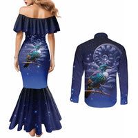 Tui Bird Matariki Galaxy Couples Matching Mermaid Dress and Long Sleeve Button Shirt Koru Silver Fern Aotearoa LT9 - Polynesian Pride