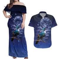 Tui Bird Matariki Galaxy Couples Matching Off Shoulder Maxi Dress and Hawaiian Shirt Koru Silver Fern Aotearoa LT9 Galaxy - Polynesian Pride