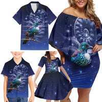 Tui Bird Matariki Galaxy Family Matching Off Shoulder Short Dress and Hawaiian Shirt Koru Silver Fern Aotearoa