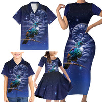 Tui Bird Matariki Galaxy Family Matching Short Sleeve Bodycon Dress and Hawaiian Shirt Koru Silver Fern Aotearoa