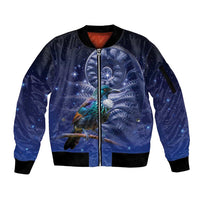 Tui Bird Matariki Galaxy Sleeve Zip Bomber Jacket Koru Silver Fern Aotearoa