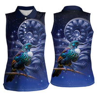 Tui Bird Matariki Galaxy Women Sleeveless Polo Shirt Koru Silver Fern Aotearoa