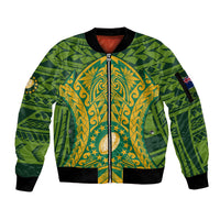 Personalised Cook Islands Rugby Sleeve Zip Bomber Jacket Kukis Athletic Style LT9 Unisex Green - Polynesian Pride