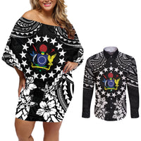 Cook Islands Ra o te Ui Ariki Est 1967 Couples Matching Off Shoulder Short Dress and Long Sleeve Button Shirt LT9 Black - Polynesian Pride