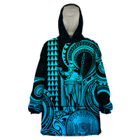 King Kamehameha Day Hawaii Wearable Blanket Hoodie Paradise of the Pacific Tribal Kakau with Kanaka Maoli - Aqua LT9 One Size Aqua - Polynesian Pride