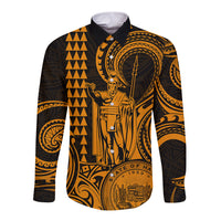 King Kamehameha Day Hawaii Long Sleeve Button Shirt Paradise of the Pacific Tribal Kakau with Kanaka Maoli - Gold LT9 Unisex Gold - Polynesian Pride