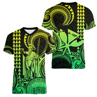 King Kamehameha Day Hawaii Women V Neck T Shirt Paradise of the Pacific Tribal Kakau with Kanaka Maoli - Lime LT9 - Polynesian Pride