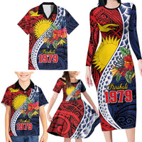 Flag of Kiribati Polynesian Pattern Family Matching Long Sleeve Bodycon Dress and Hawaiian Shirt Est 1979 With Tropical Flowers