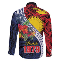 Flag of Kiribati Polynesian Pattern Family Matching Off Shoulder Short Dress and Hawaiian Shirt Est 1979 With Tropical Flowers