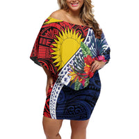 Flag of Kiribati Polynesian Pattern Family Matching Off Shoulder Short Dress and Hawaiian Shirt Est 1979 With Tropical Flowers