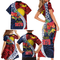 Flag of Kiribati Polynesian Pattern Family Matching Short Sleeve Bodycon Dress and Hawaiian Shirt Est 1979 With Tropical Flowers