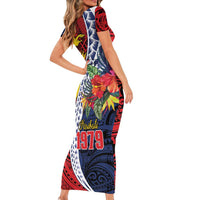 Flag of Kiribati Polynesian Pattern Family Matching Short Sleeve Bodycon Dress and Hawaiian Shirt Est 1979 With Tropical Flowers