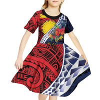 Flag of Kiribati Polynesian Pattern Kid Short Sleeve Dress Est 1979 With Tropical Flowers