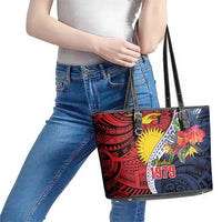 Flag of Kiribati Polynesian Pattern Leather Tote Bag Est 1979 With Tropical Flowers
