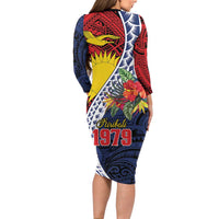 Flag of Kiribati Polynesian Pattern Long Sleeve Bodycon Dress Est 1979 With Tropical Flowers