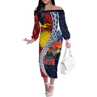 Flag of Kiribati Polynesian Pattern Off The Shoulder Long Sleeve Dress Est 1979 With Tropical Flowers
