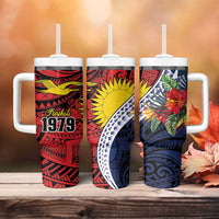 Flag of Kiribati Polynesian Pattern Tumbler With Handle Est 1979 With Tropical Flowers