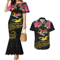 Kiribati Independence Day Personalised Couples Matching Mermaid Dress and Hawaiian Shirt Gold Frigatebird with Polynesian Pattern