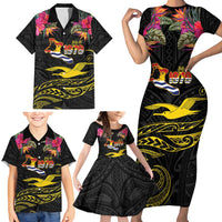 Kiribati Independence Day Personalised Family Matching Short Sleeve Bodycon Dress and Hawaiian Shirt Gold Frigatebird with Polynesian Pattern