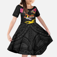 Kiribati Independence Day Personalised Kid Short Sleeve Dress Gold Frigatebird with Polynesian Pattern