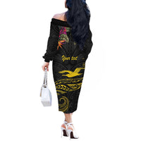 Kiribati Independence Day Personalised Off The Shoulder Long Sleeve Dress Gold Frigatebird with Polynesian Pattern