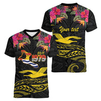 Kiribati Independence Day Personalised Women V-Neck T-Shirt Gold Frigatebird with Polynesian Pattern