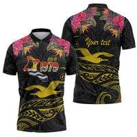 Kiribati Independence Day Personalised Zipper Polo Shirt Gold Frigatebird with Polynesian Pattern - Polynesian Pride