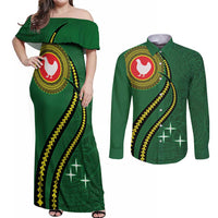 Manua Islands Polynesian Style Couples Matching Off Shoulder Maxi Dress and Long Sleeve Button Shirt